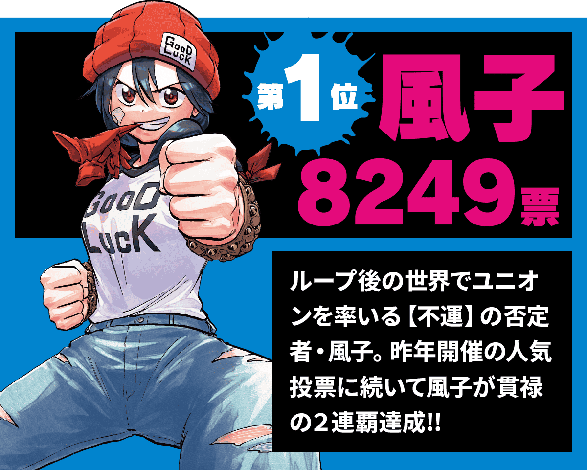 1位風子　ループ後の世界でユニオンを率いる【不運】の否定者・風子。昨年開催の人気投票に続いて風子が貫禄の２連覇達成!!